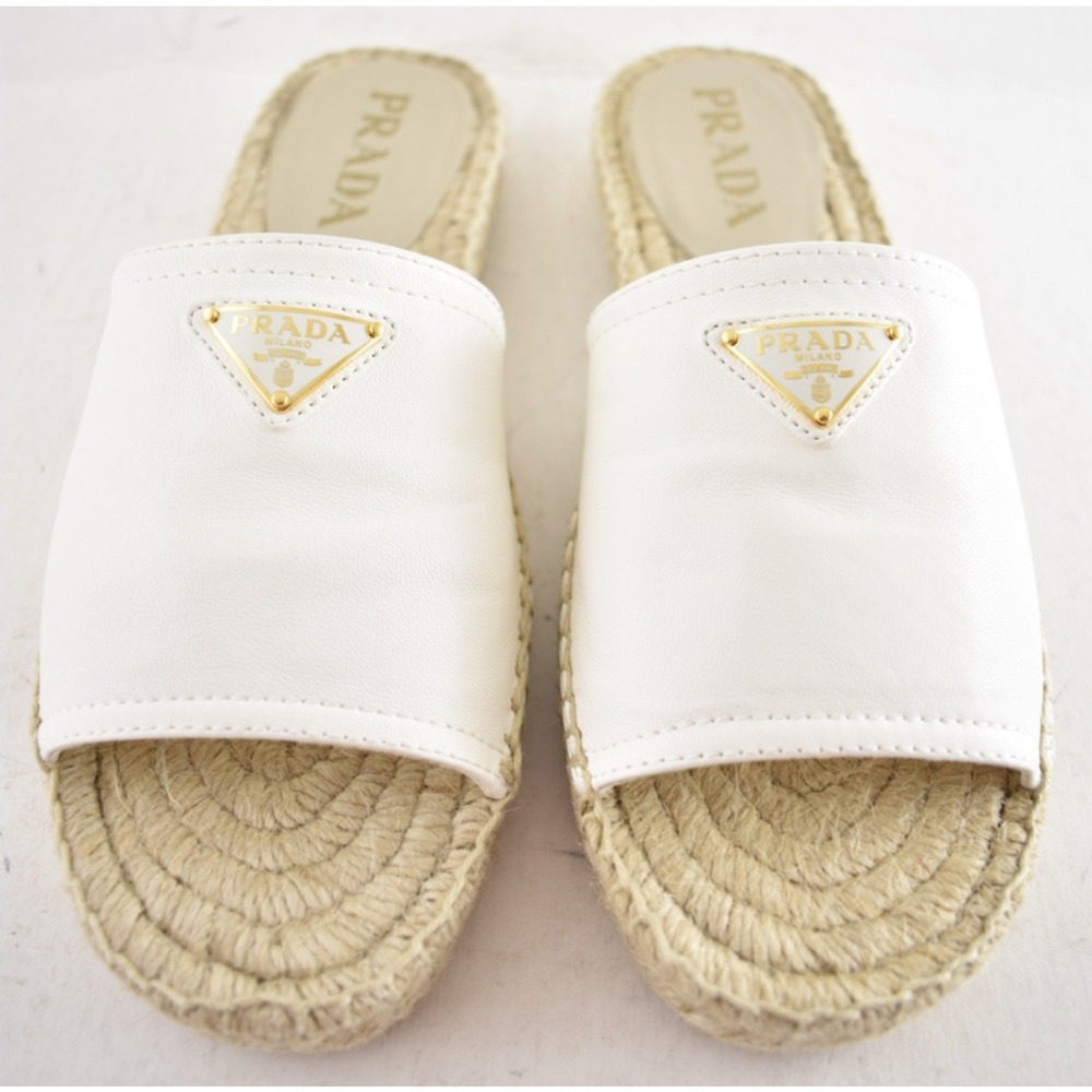 Prada Gold Triangle Logo Avorio White Leather Espadrille Slide Sandal Flat 37 - Picture 6 of 16